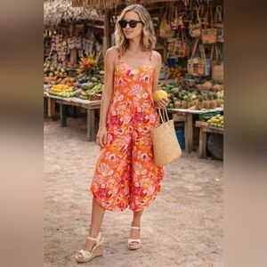 Vince Camuto XL Orange Floral Wide Leg Jumpsuit Resort Vacation Chic